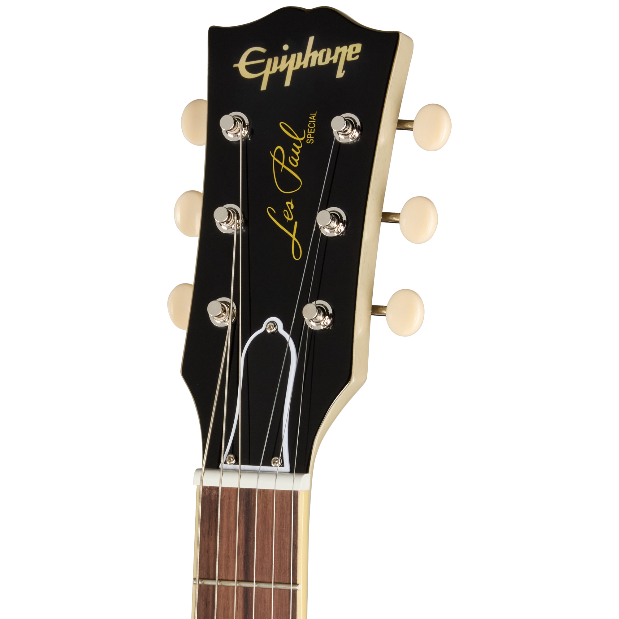 Gitarrenkopf, Schwarzes Finish, Cremefarbene Mechaniken, Sechs Saiten, Palisandergriffbrett